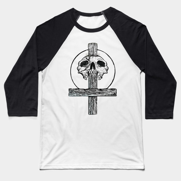 Skull and Reversed Cross Baseball T-Shirt by DeathAnarchy